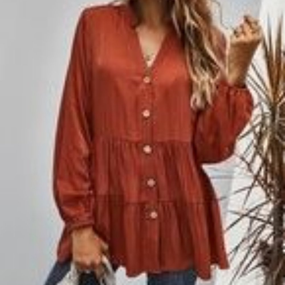 V-Neck Button Down Ruffle Solid Top